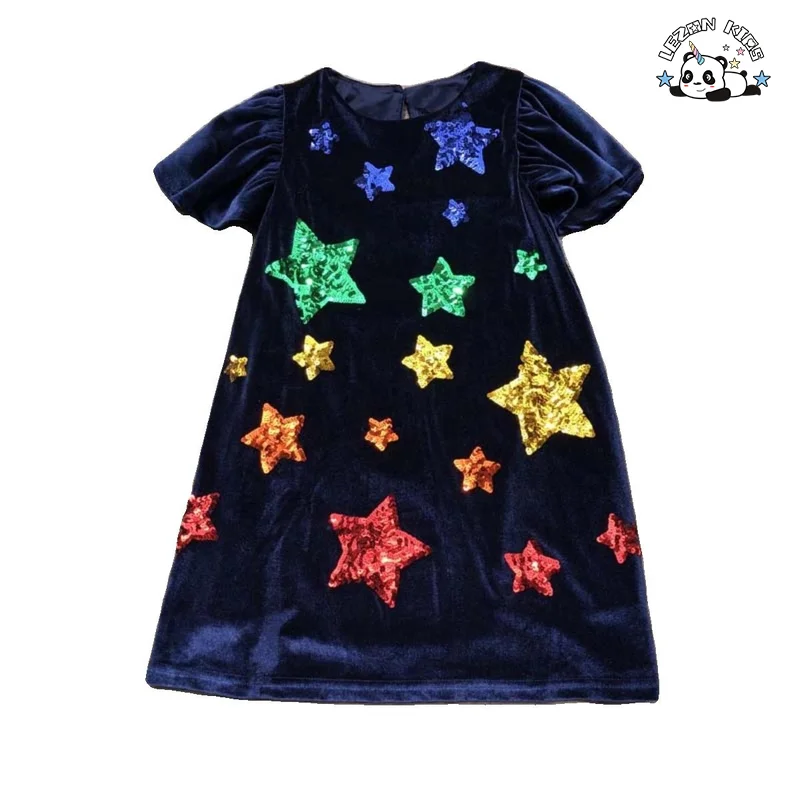 LEZONKIDS - Vestido Infantil Personalizado com Estrelas de Lantejoulas na Primavera e Outono para 4 Anos no Verão 